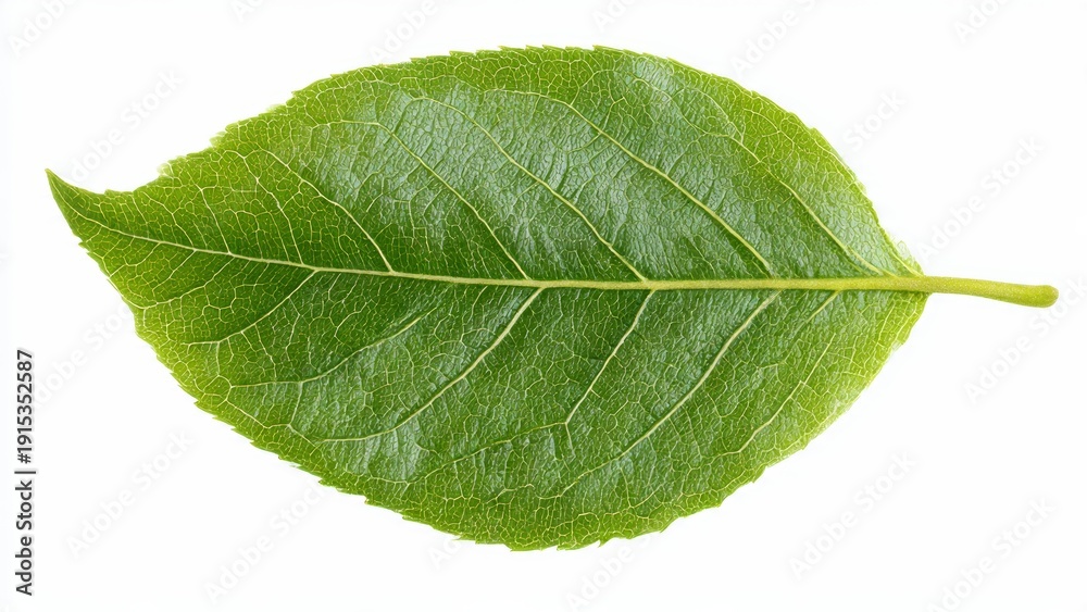 Obraz premium Close-up of a single vibrant green leaf with visible veins, isolated on a clean white background. Natural detail of a plant element.