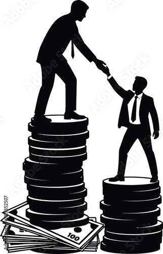 Business silhouette of professional helping colleague climb coin stacks, financial mentorship and investment growth concept, EPS vector illustration