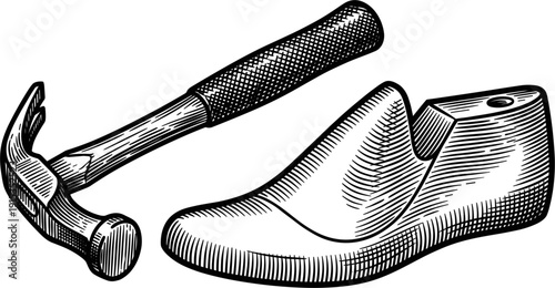 A vintage illustration of a cobbler's hammer and a wooden shoe last, essential tools for shoemaking and footwear repair, presented on a plain white background.