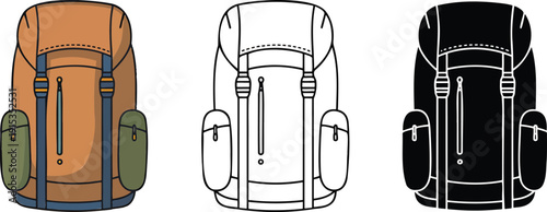 Hiking backpack silhouette & Outline and illustration set isolated on transparent background
