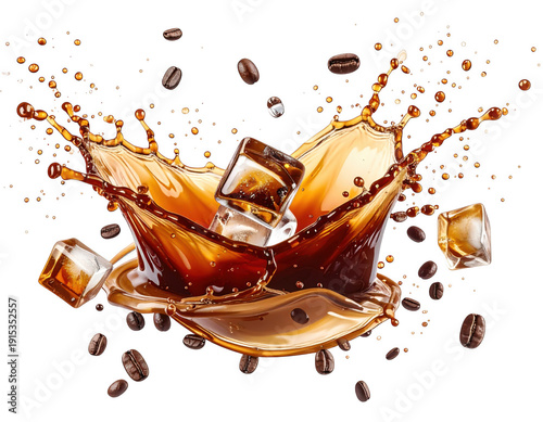 Iced coffee splash with ice cubes and coffee beans bouncing in the air, creating a dynamic and energetic scene, isolated on a white background.
