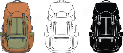 Hiking backpack silhouette & Outline and illustration set isolated on transparent background