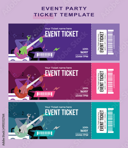 Colorful vector design showcasing three distinct modern event party ticket templates featuring a stylized guitarist illustration for concerts.