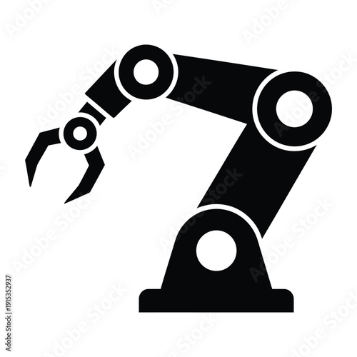 Industrial robotic arm silhouette icon representing automated manufacturing and mechanical engineering technology in a clean minimalist vector style for smart factory concepts.