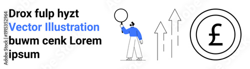 Woman holding a balloon beside arrows pointing upward and a pound sign in a circle. Ideal for finance, growth, economy, investment, success, aspirations, simple landing page