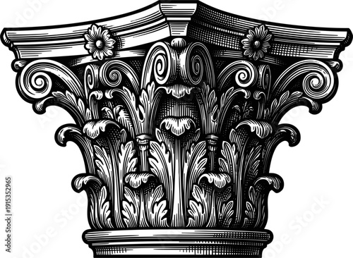 A detailed black and white engraving of a Corinthian column capital, showcasing intricate carvings and acanthus leaves. An architectural element from ancient Greece or Rome.