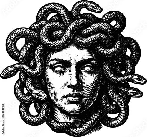 A black and white engraving of a mythical head surrounded by snakes for hair. This illustration depicts a legendary figure known for her frightening appearance.