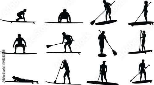 Collection of black silhouette figures paddleboarding in various poses Keywords: paddleboarding, stand up paddleboarding, sup