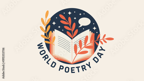 World Poetry Day creative illustration with open book, leaves and night sky elements, literature celebration and writing concept design