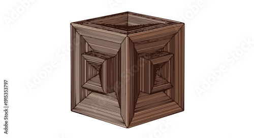 Geometric wooden cube with intricate carved patterns on each face, isolated on white background