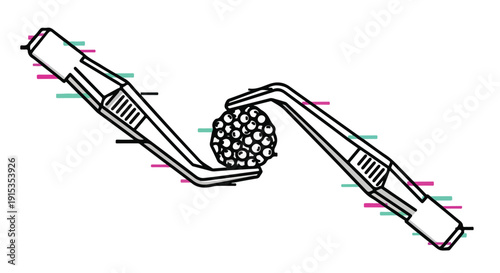 Two tweezers holding a small, spherical object composed of many tiny beads or particles, abstract scientific concept