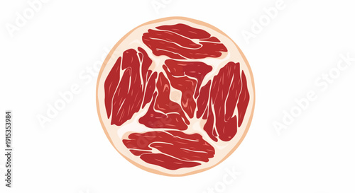 Top view of a slice of cured ham, showcasing its marbled texture and rich red color against a white background.