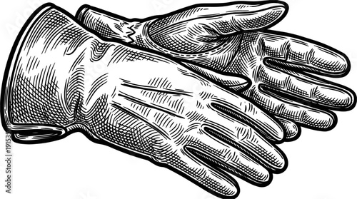 A detailed engraving of a pair of vintage leather gloves. The illustration highlights intricate stitching and the classic handwear design.