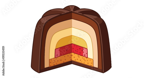 Detailed cross-section illustration of a gourmet chocolate praline with multiple delicious layers of creamy fillings and a rich dark chocolate shell, sweet treat dessert