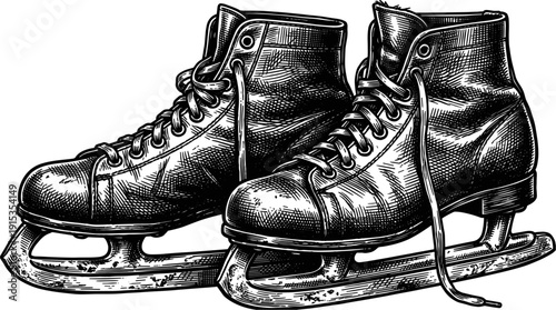 A detailed black and white sketch of a pair of vintage ice skates. The illustration features close-up views of the skates, showing the laces, blades, and shoe details.