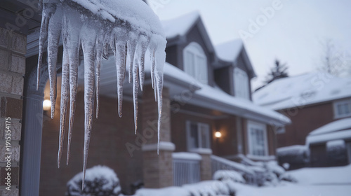 Aleksey dripping icicles from suburban house eaves during winter snow