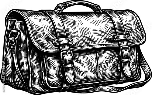 A detailed sketch of a vintage leather satchel bag. Features include buckles, a shoulder strap, and a handle. The illustration uses crosshatching for texture and depth.