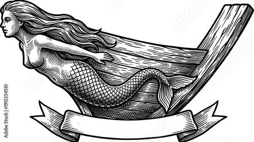 A vintage black and white illustration of a wooden mermaid figurehead from a ship's bow. It features intricate scrollwork and a blank banner below, suggesting a historical or maritime theme.