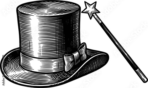 A vintage illustration of a classic black top hat with a bow and a magic wand with a star on its tip. This image evokes a sense of magic and performance.