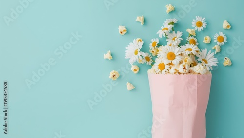 A bouquet of white daisies with yellow centers in a pink paper bag on a light blue background with scattered petals