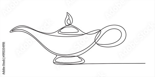 Continuous line drawing of a magical oil lamp with a small flame on a white background. Vector, illustration