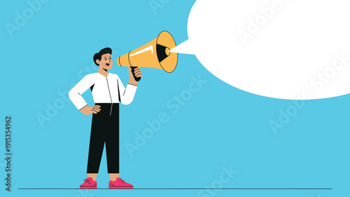 Businessman shouting through megaphone with large speech bubble on blue background, marketing announcement and communication concept illustration