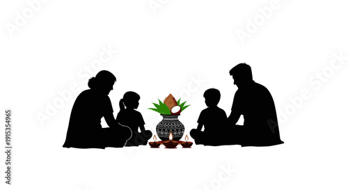 Family silhouette during religious ritual with kalash and diyas