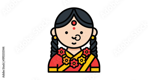 Indian woman wearing traditional attire and flower garland