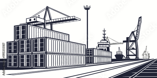 Cargo containers stacked on railroad tracks at port with cranes