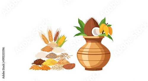 Assortment of grains and fruits in a pot, agricultural harvest representation