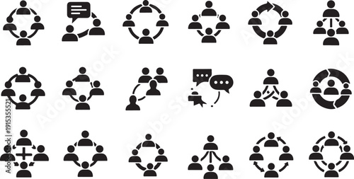 Black and white teamwork collaboration communication icons set