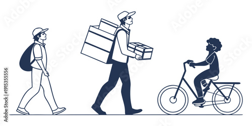 Courier express delivery workers walking and riding bicycle with packages