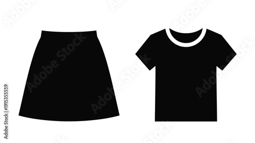 Black skirt and t shirt icons presented as a flat silhouette
