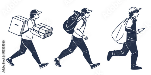 Courier express delivery men walking with packages on white background