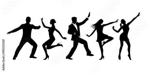 Dancing male and female silhouettes in various poses black silhouettes dancers