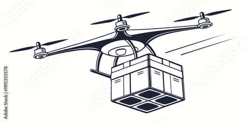 Delivery drone silhouette carrying package on white background