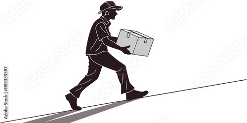 Delivery man in dark clothing walking on white background carrying gray package