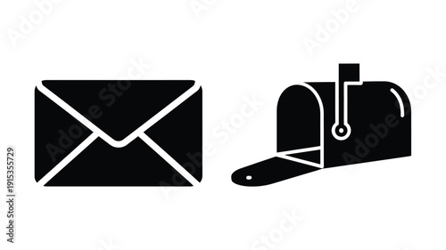 Black mailbox and envelope icons simple graphic style silhouette