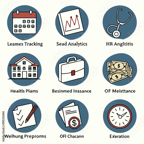 H R benefits including tracking calendar stethoscope house briefcase money documents clock