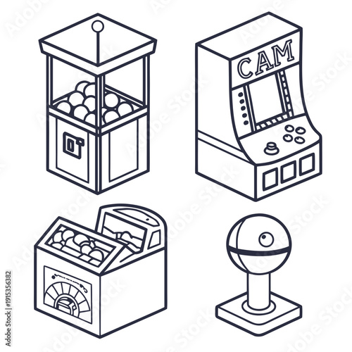 Line of arcade games and machines with balls line black and white