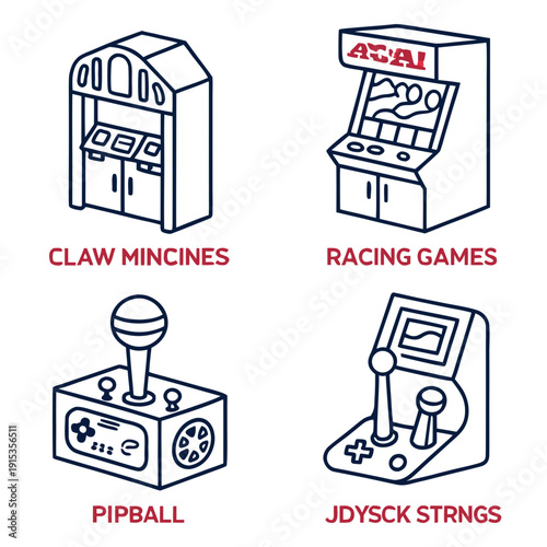 Line of four different arcade machines line claw mincines racing games