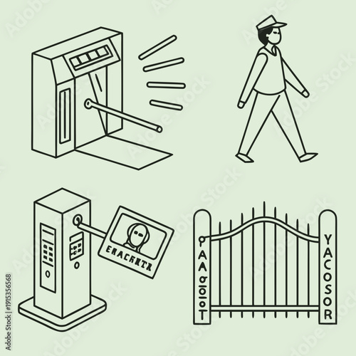 Line of security gate and guard with access card reader line black and white
