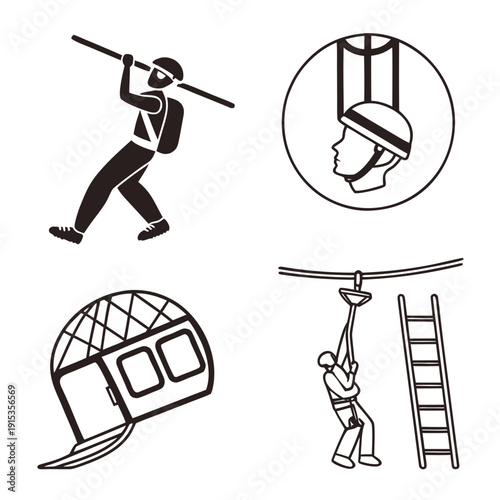 Line of people wearing safety gear for zip lining and climbing line safety gear helmets