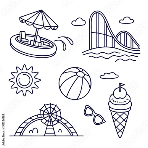 Line of summer vacation and attractions line summer beach amusement park roller coaster