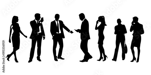 Minimalist black silhouettes of business professionals interacting people office workers