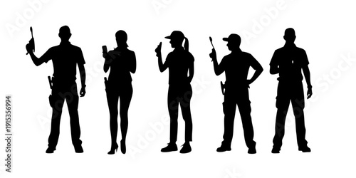 Minimalist black silhouettes of five construction workers with tools hard hats