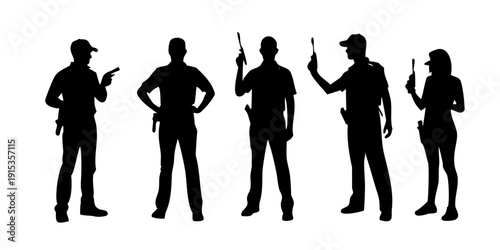 Minimalist black silhouettes of police officers with radios