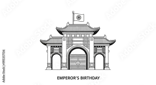Illustration of a traditional Japanese gate with a Rising Sun flag, symbolizing the Emperor's Birthday celebration with imperial crest and royal theme elements.