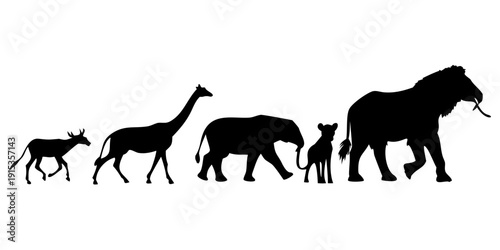 Minimalist black silhouettes of savannah wild animals walking giraffe