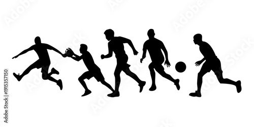 Minimalist black silhouettes of soccer players in motion running kicking